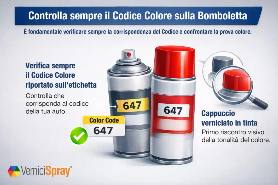 Due bombolette spray, una grigia e una rossa, mostrano il codice colore 647. Il rosso Ferrari, codice colore 647, è perfetto per il ritocco.