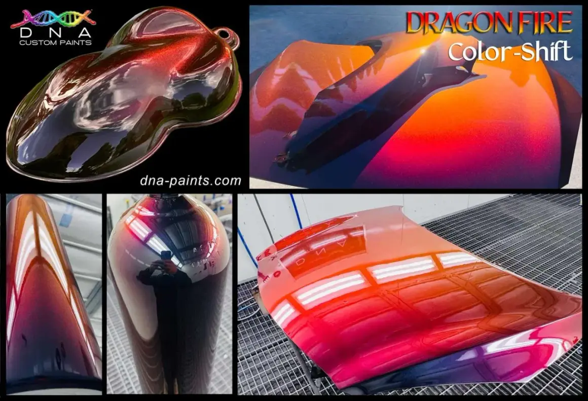 Effetti cangianti di vernice camaleonte su campioni e parti di auto, dal rosso al viola, con riflessi metallici.