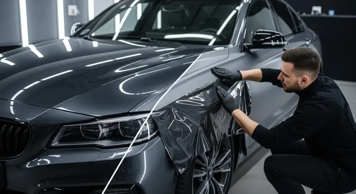 Un professionista applica una pellicola per cambiare colore auto, trasformando il grigio metallizzato in un'elegante finitura opaca.