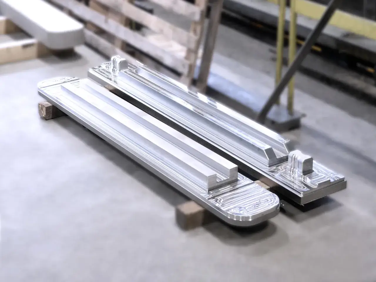 Due pezzi metallici lavorati, pronti per come cromare un metallo, brillano su un pavimento industriale.