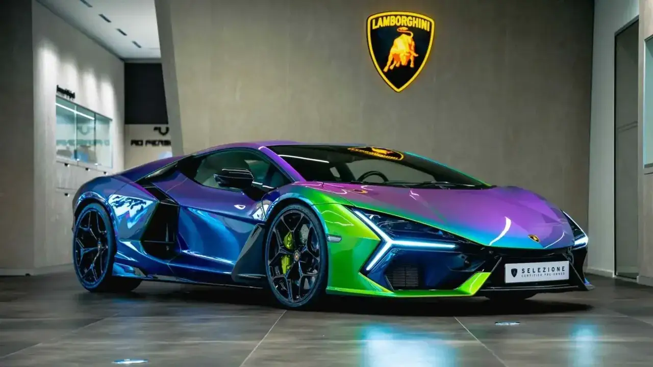 Lamborghini Aventador con livrea cangiante, un vero gioiello glitterato che cattura ogni sfumatura di blu, viola e verde.