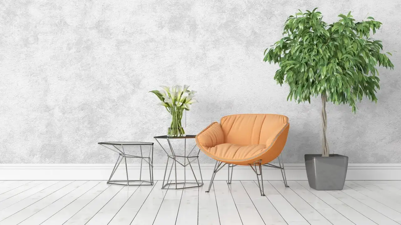 Soggiorno moderno con poltrona arancione, tavolini in metallo, fiori bianchi e un albero in vaso. La parete di fondo presenta decorative paints effetto cemento.