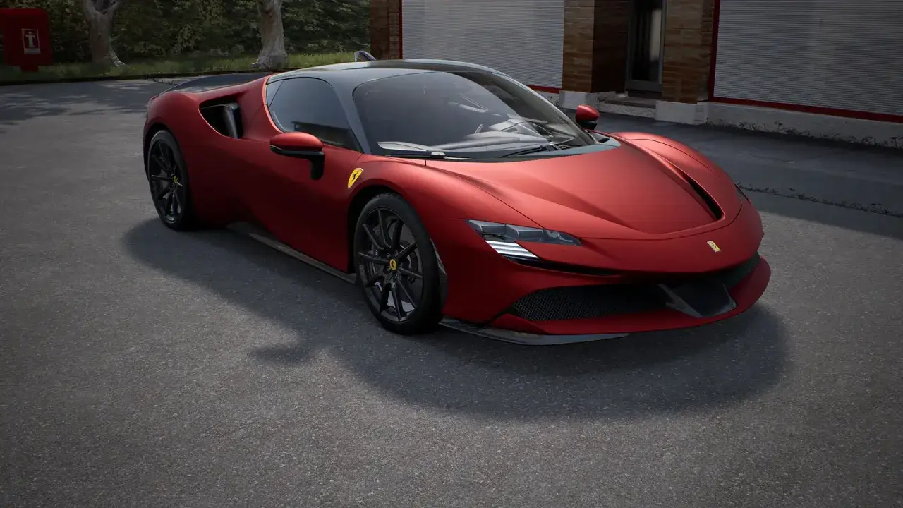 Ferrari SF90 Stradale in un profondo rosso, un colore iconico che evoca la passione e la velocità. Il suo design aerodinamico cattura lo sguardo, pronto a sfrecciare.