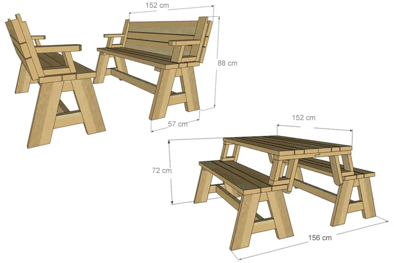 Disegni tecnici di panche in legno fai da te, con misure. Un set include una panca singola e una panca doppia con tavolo.