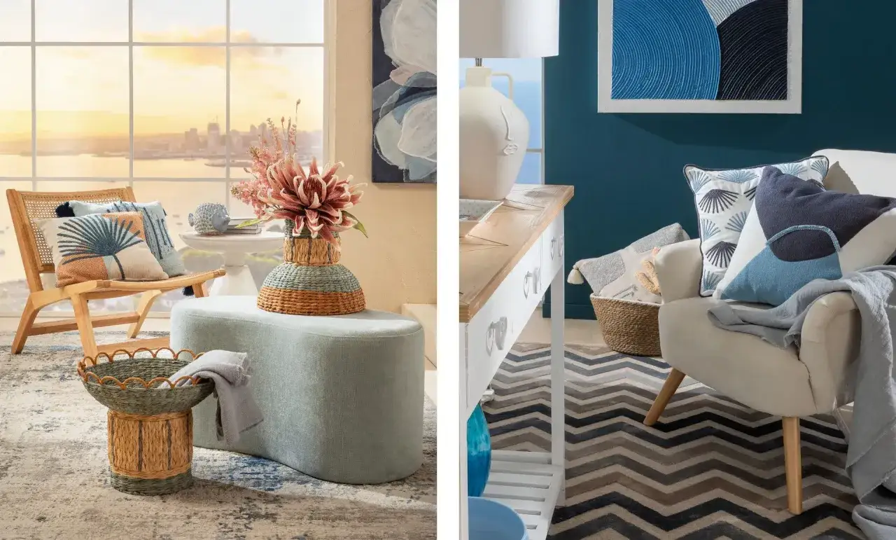 Un salotto con un pouf morbido color verde acqua, cuscini decorativi e un cesto intrecciato.