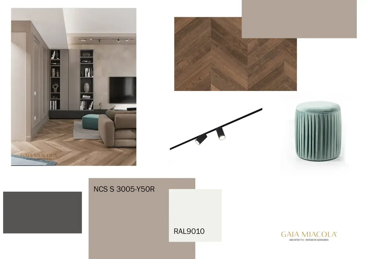 Moodboard con parquet a spina di pesce, tessuti e campioni colore. Il taupe che colore &egrave;? Un mix di grigio e marrone, caldo e accogliente.
