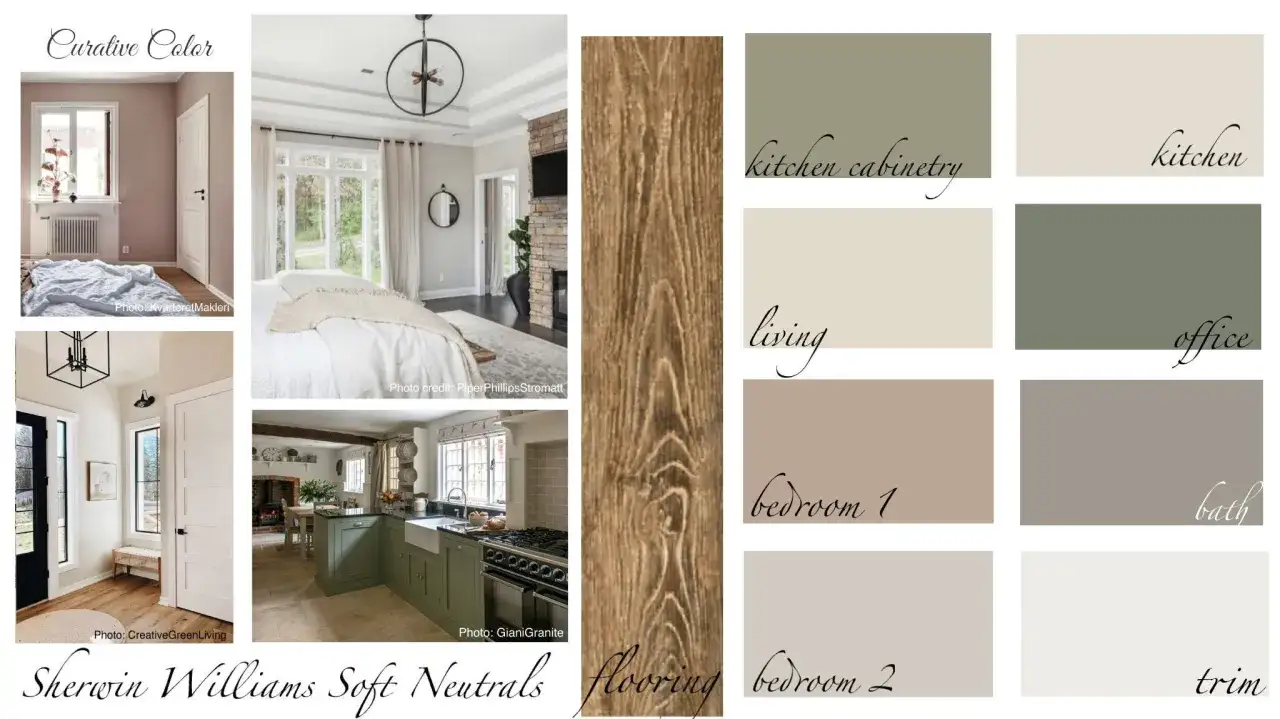Moodboard con palette di colori neutri per pareti, ispirazione per interni sereni.