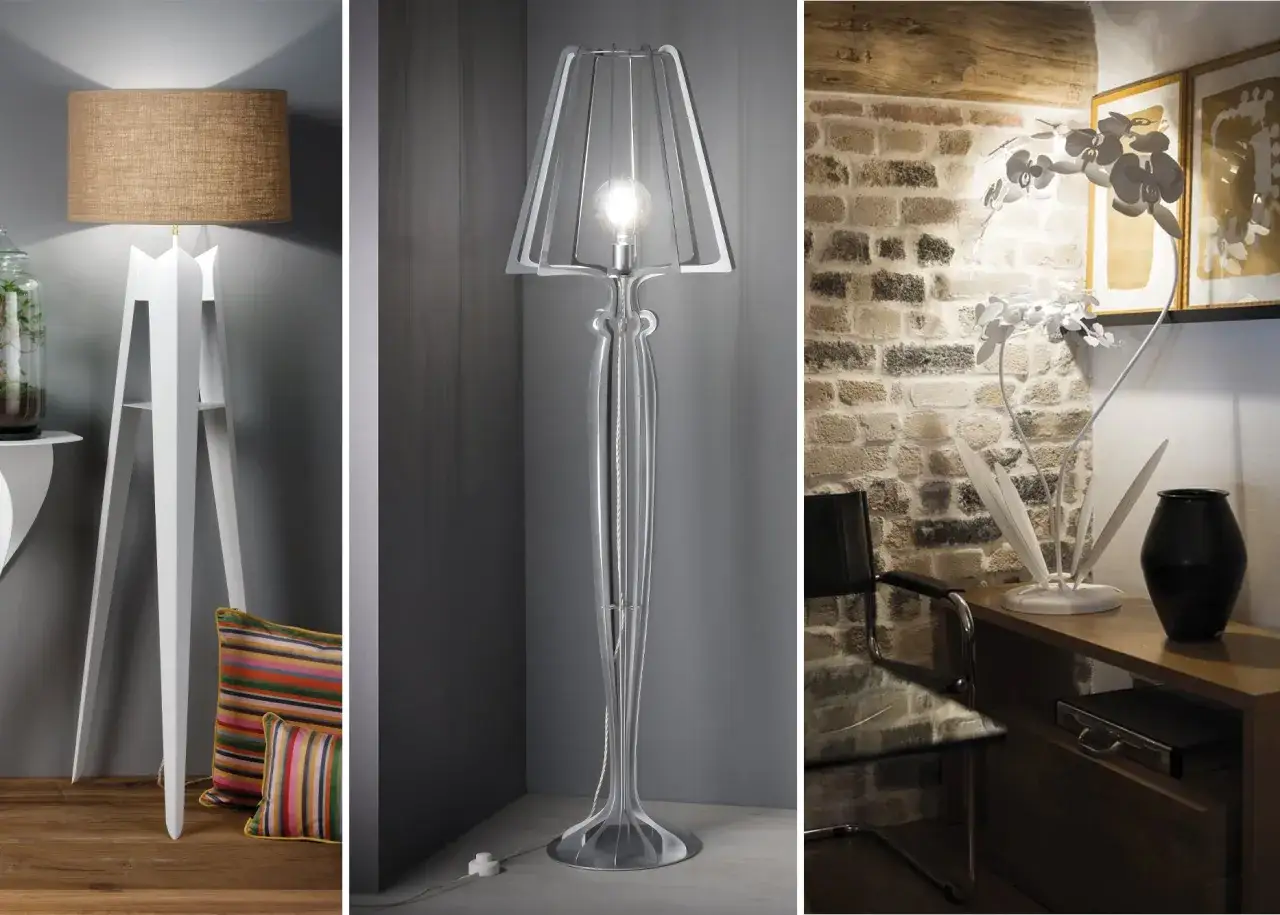 Lampada fai da te: tre idee di design moderno. Una bianca con paralume in juta, una trasparente con struttura a gabbia e una a forma di orchidea.
