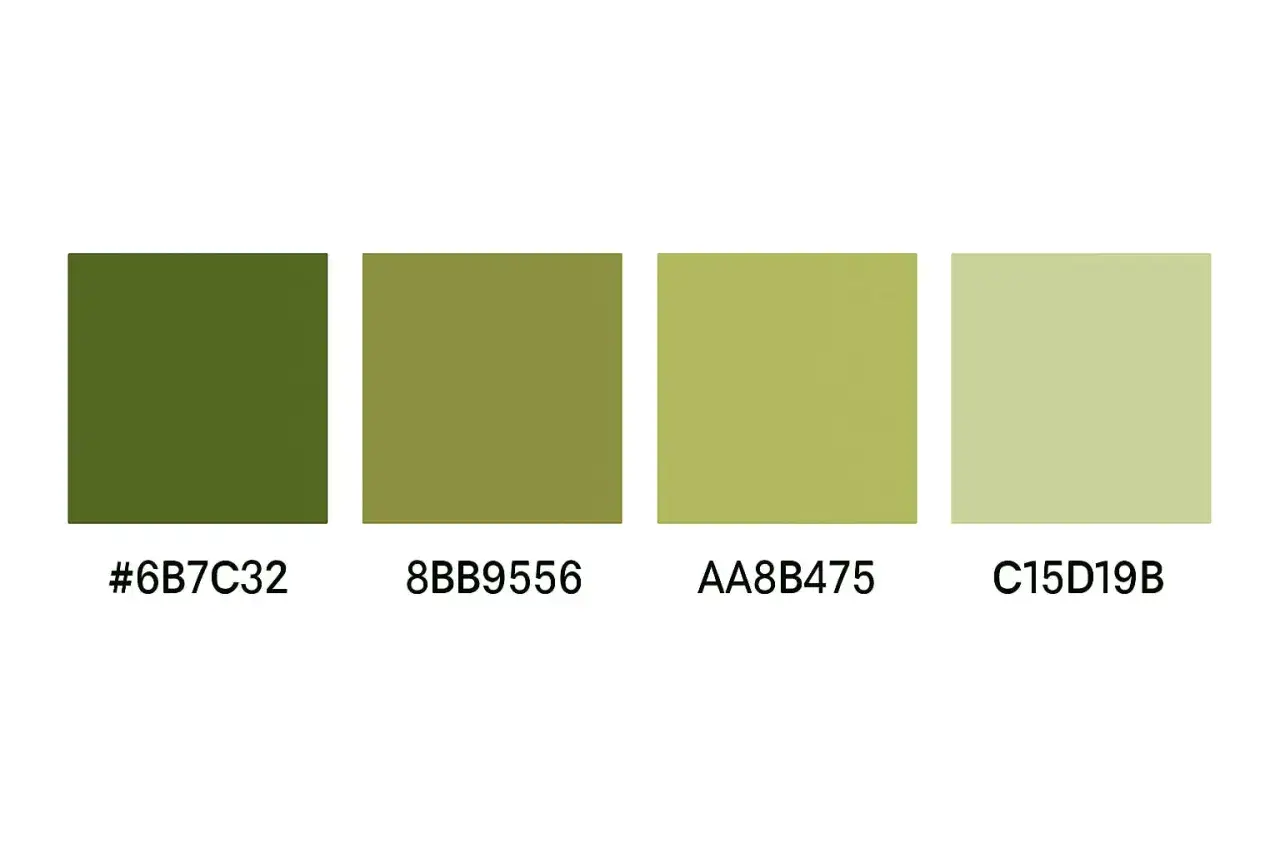 Quattro quadrati di colore: un verde militare intenso (#6B7C32), un verde oliva (#8BB9556), un verde chiaro (#AA8B475) e un verde pallido (#C15D19B).