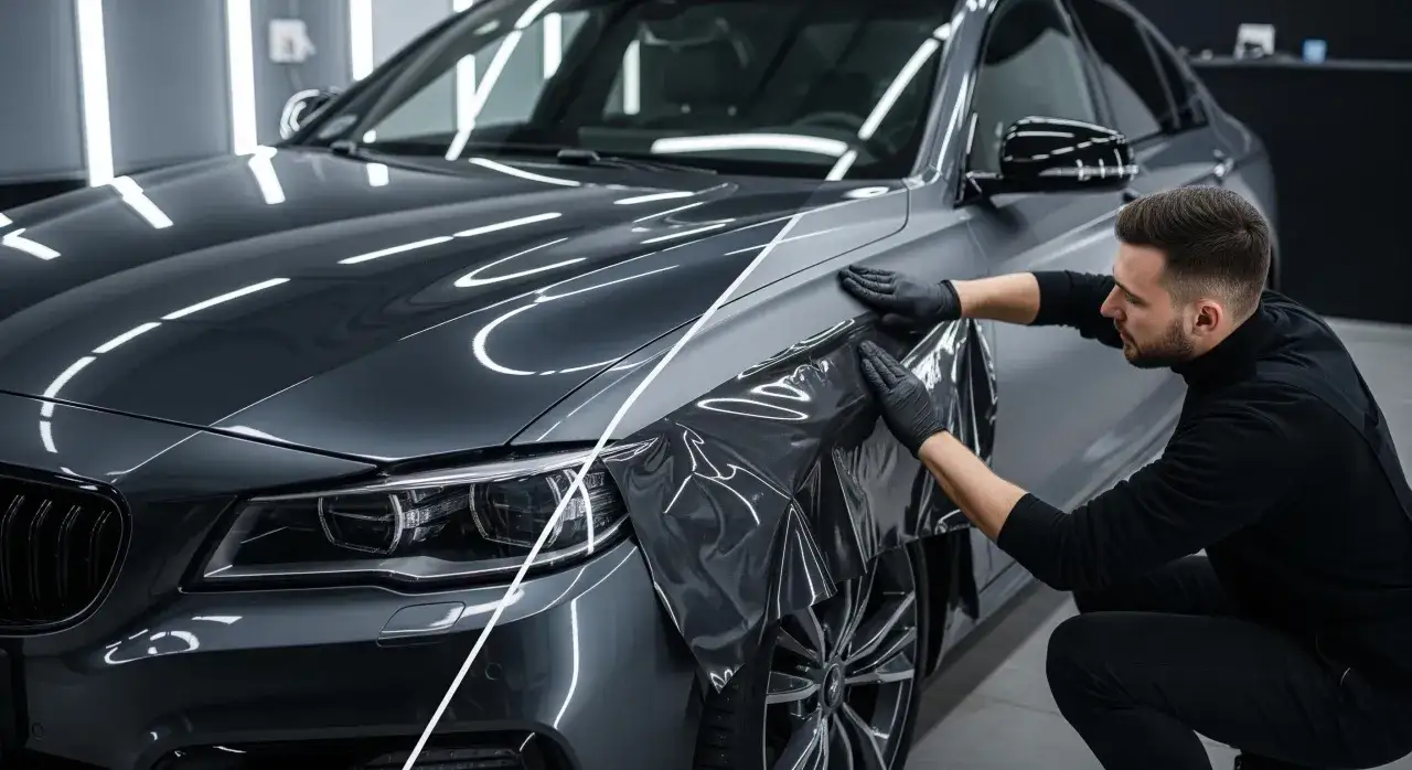 Un professionista applica una pellicola per un cambio colore su un'auto.