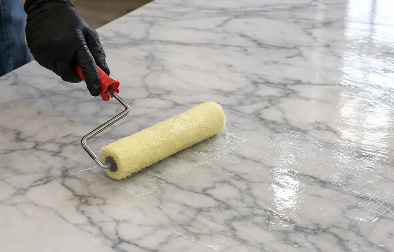 Mano con guanto nero stende resina su marmo con un rullo giallo. La superficie marmorea riflette la luce.