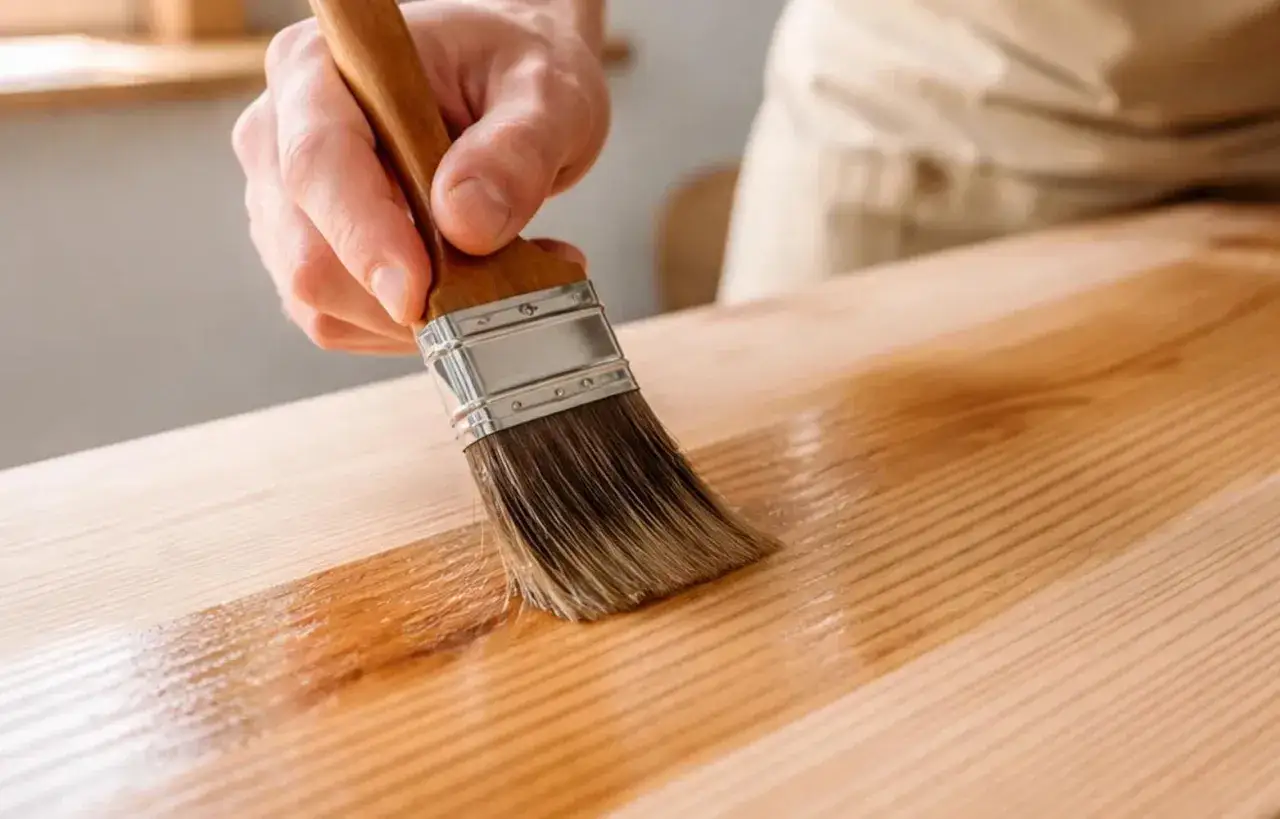 Mano applica un trattamento ignifugo per legno con un pennello, proteggendo la superficie.