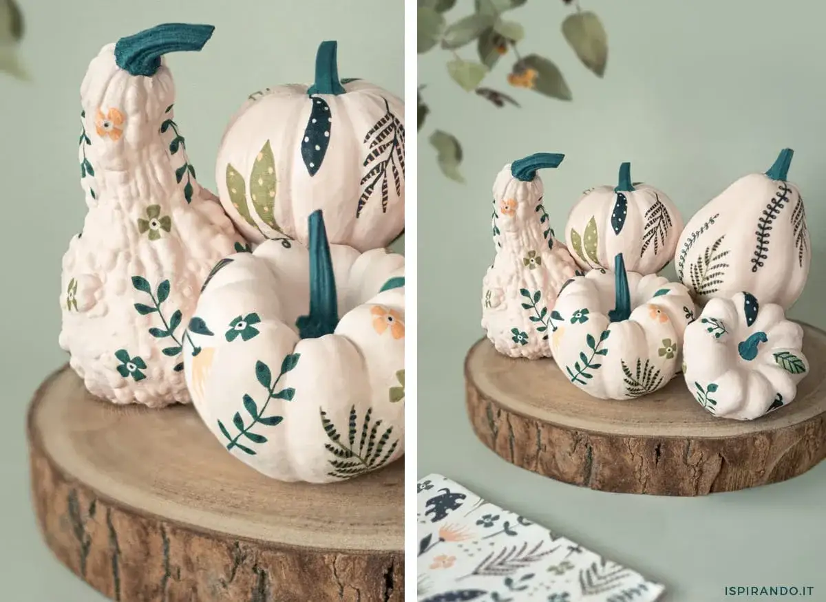 Deliziose zucche dipinte con motivi floreali e vegetali, perfette decorazioni autunnali.
