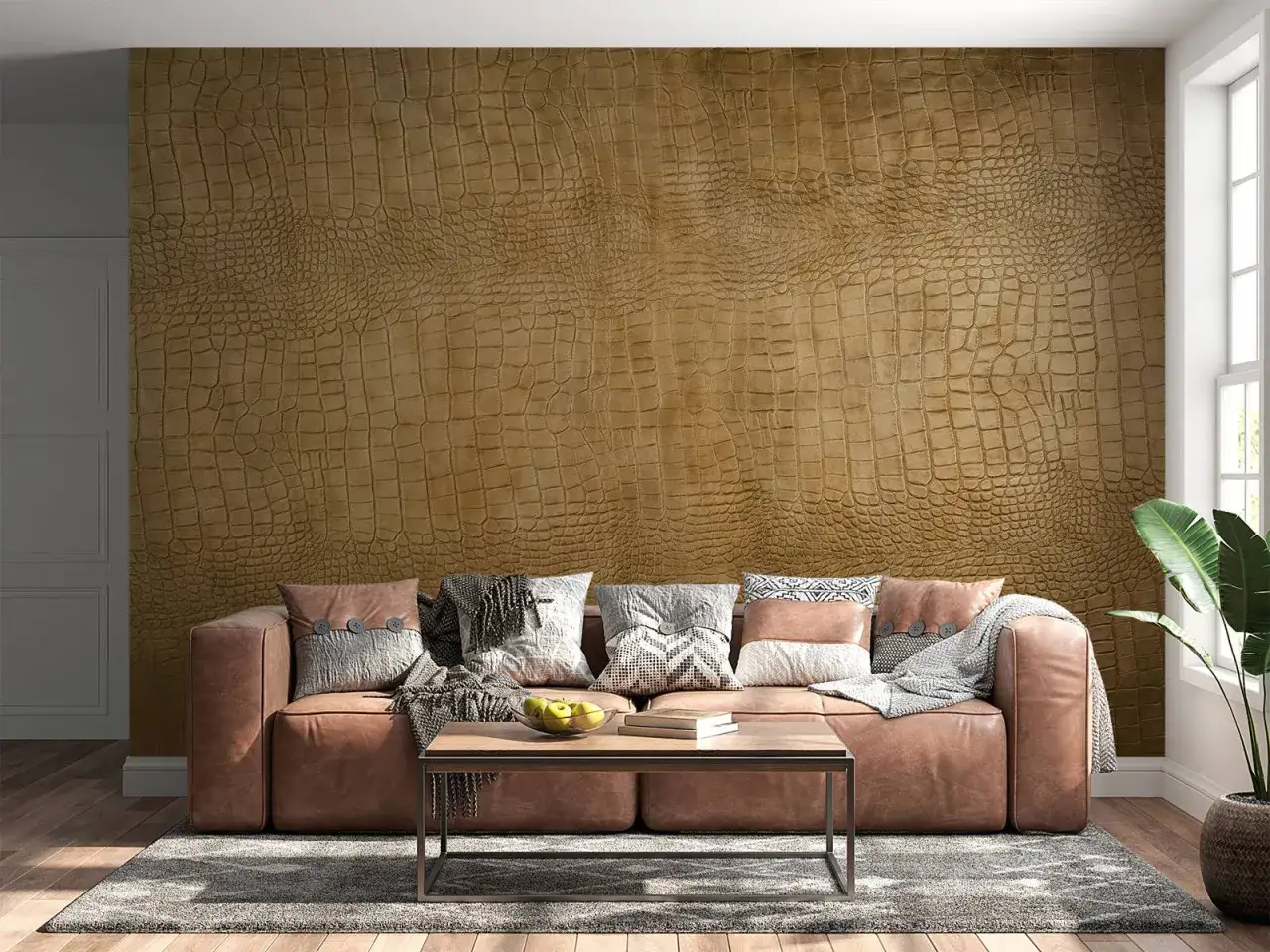 Divano in pelle marrone con cuscini decorativi e un tavolino, su uno sfondo con un audace effetto krokodil.