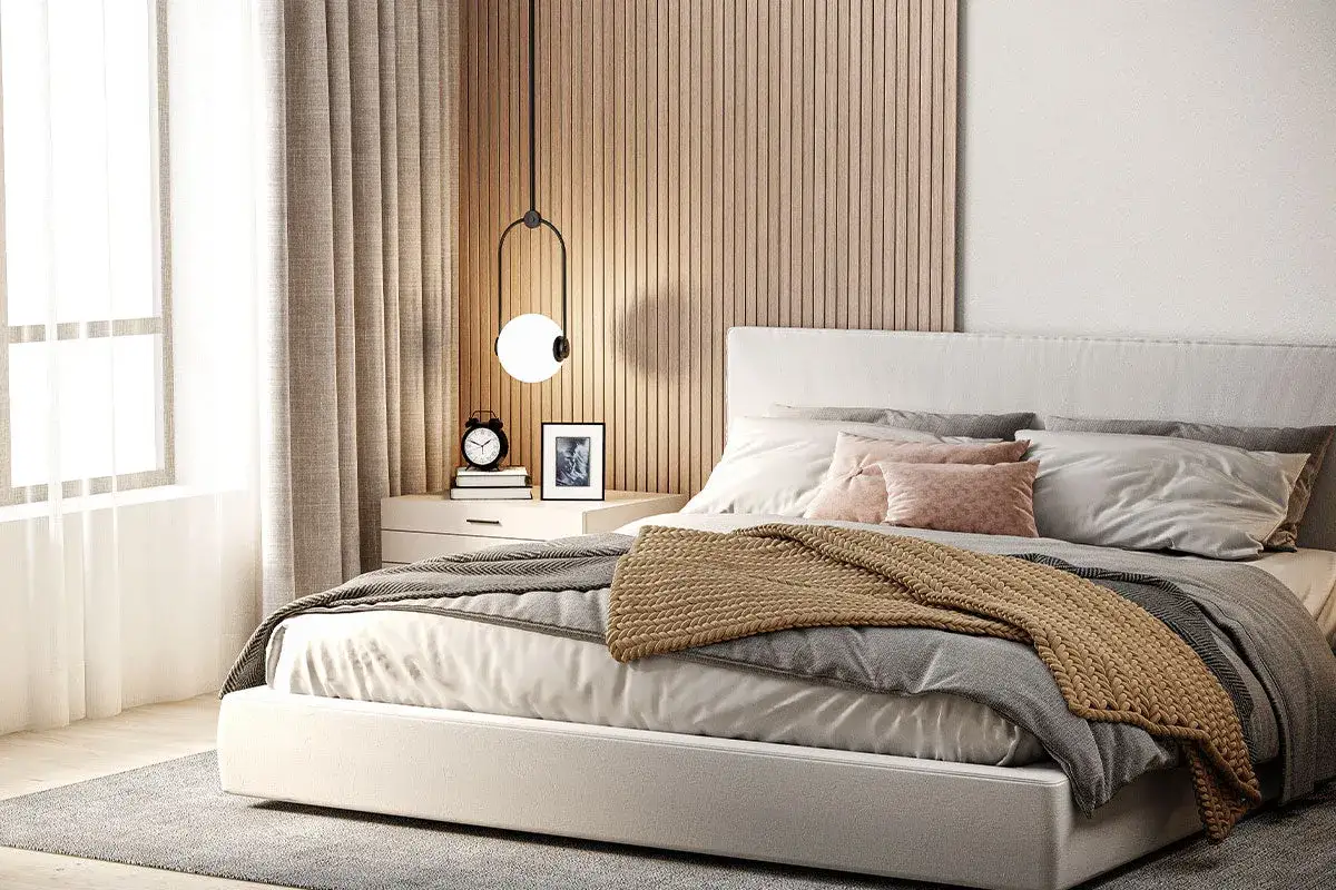 Pittura idee parete dietro letto matrimoniale: pannelli in legno chiaro creano un'atmosfera calda e accogliente, perfetti per un design moderno.