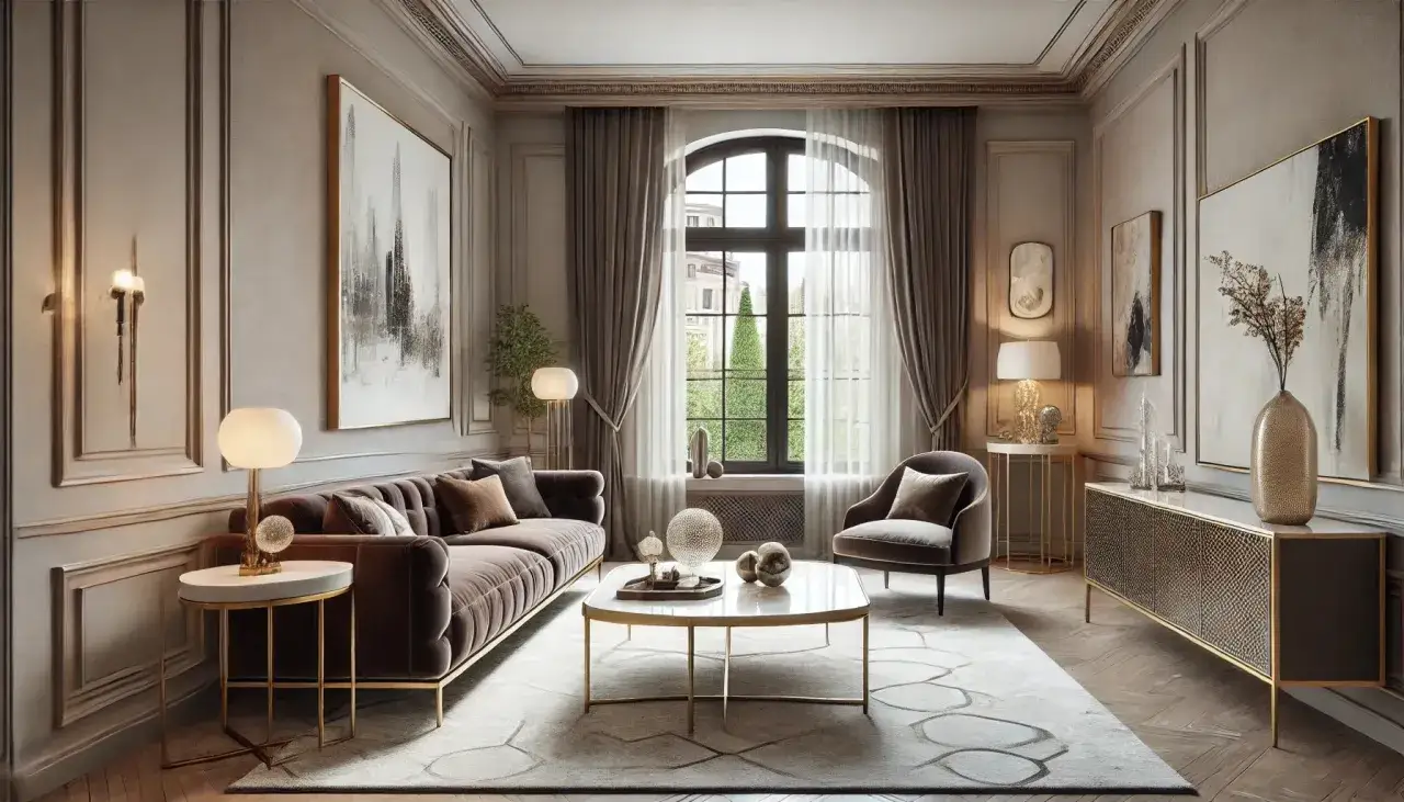 Soggiorno elegante: come trasformare un mobile classico in moderno con dettagli dorati, arte astratta e illuminazione soffusa.