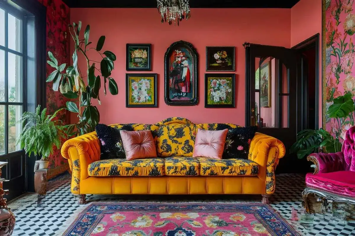Un divano giallo ocra con fantasia floreale, cuscini rosa e neri, quadri alle pareti e piante, un tripudio di colori e texture che definisce uno stile massimalista audace.