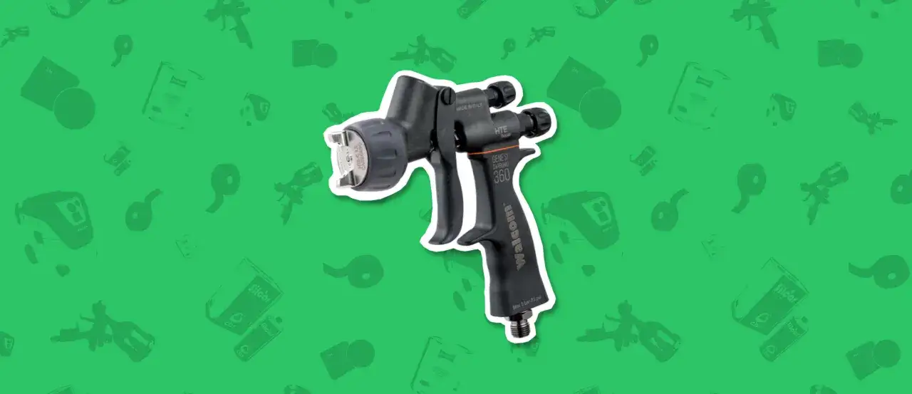 Pistola a spruzzo Walcom Genesi Carbono 360 su fondo bagnato su bagnato con icone di attrezzi da verniciatura.