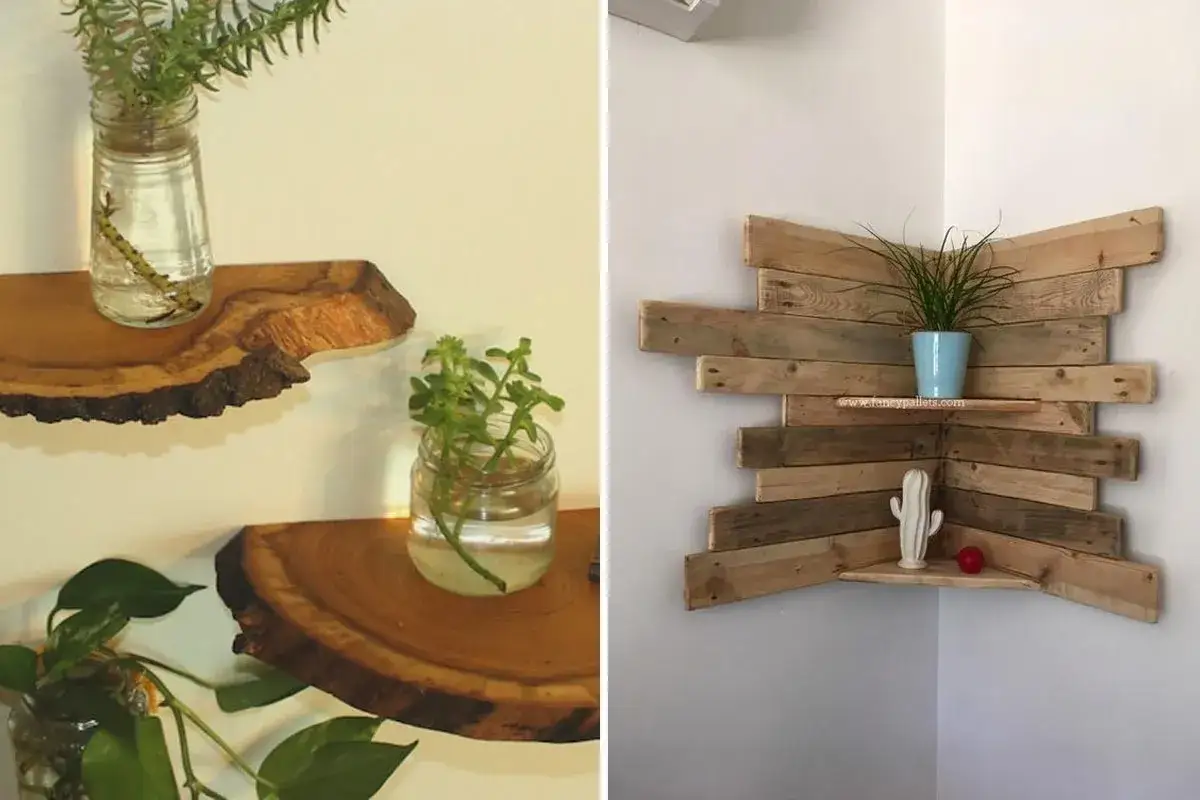 Idee mensole con pallet: mensole rustiche in legno grezzo e una composizione angolare in pallet per un tocco naturale.