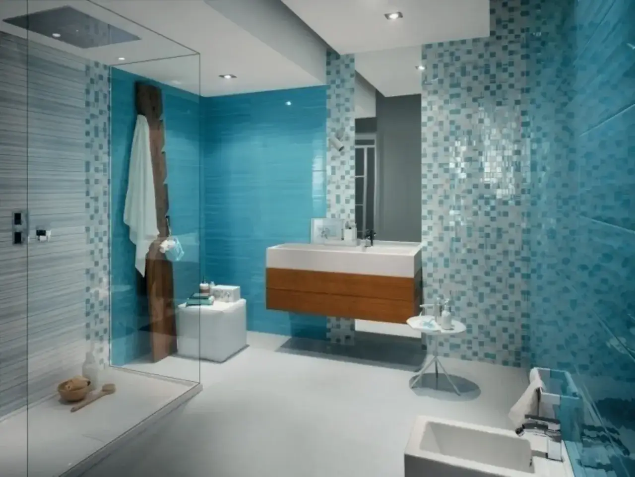 Bagno moderno con doccia a filo pavimento, lavabo sospeso e vasca. Pareti rivestite con mattonelle fai da te azzurre e bianche, effetto mosaico e righe.