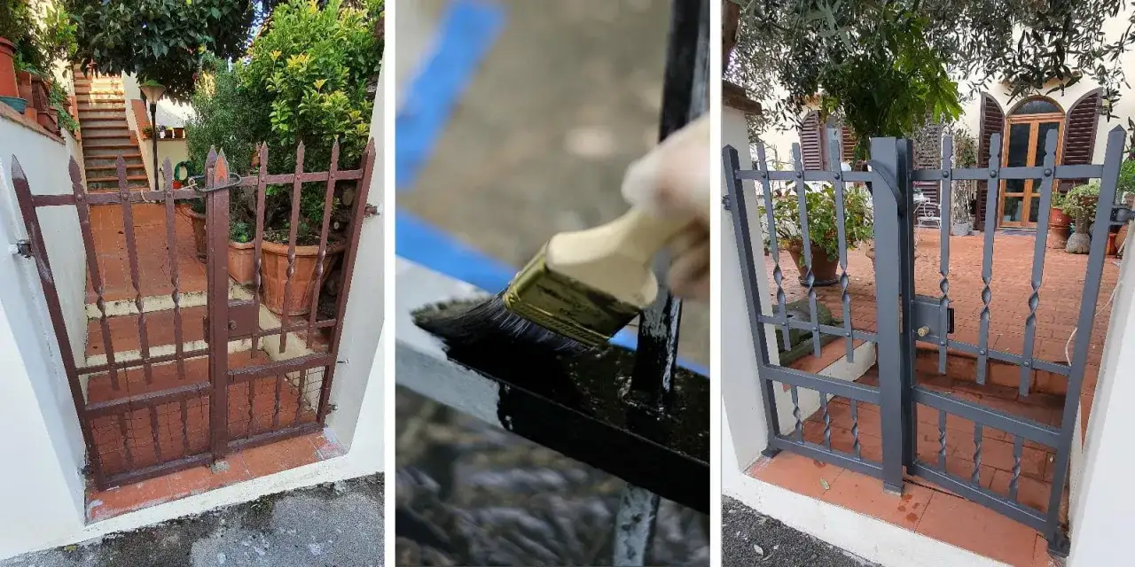 Un cancello in ferro arrugginito viene trasformato con una nuova verniciatura grigia, riportando alla luce la sua bellezza.