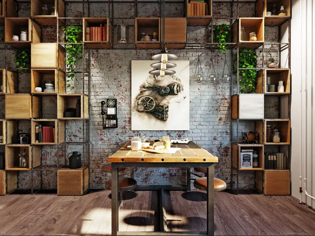 Una parete attrezzata fai da te in stile industriale, con mensole in legno e metallo, piante e oggetti decorativi.