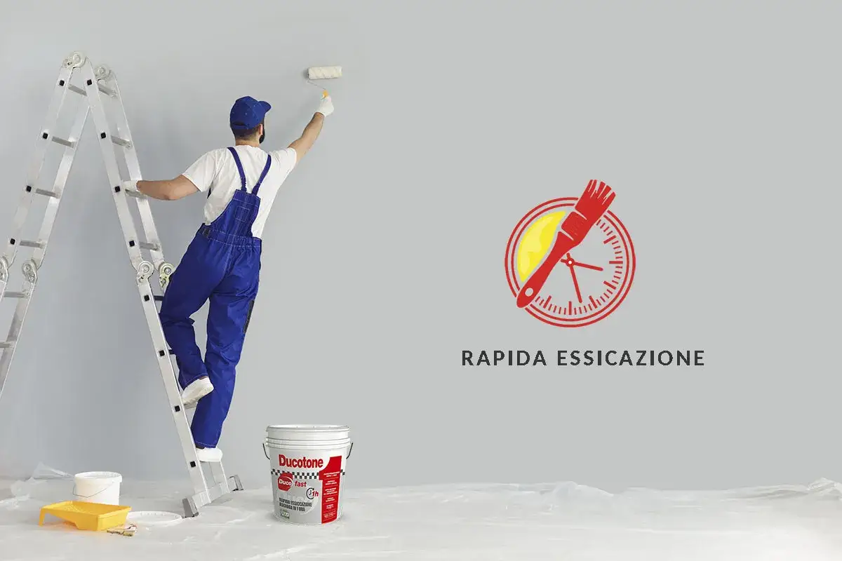 Pittore su scala che usa un rullo. Il logo indica quanto ci mette la pittura ad asciugare: rapida essiccazione.