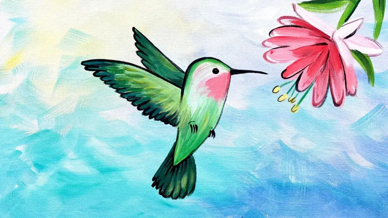 Un colibrì verde smeraldo con petto rosa si libra vicino a un fiore rosa acceso. Un dipingere disegno vibrante e colorato.