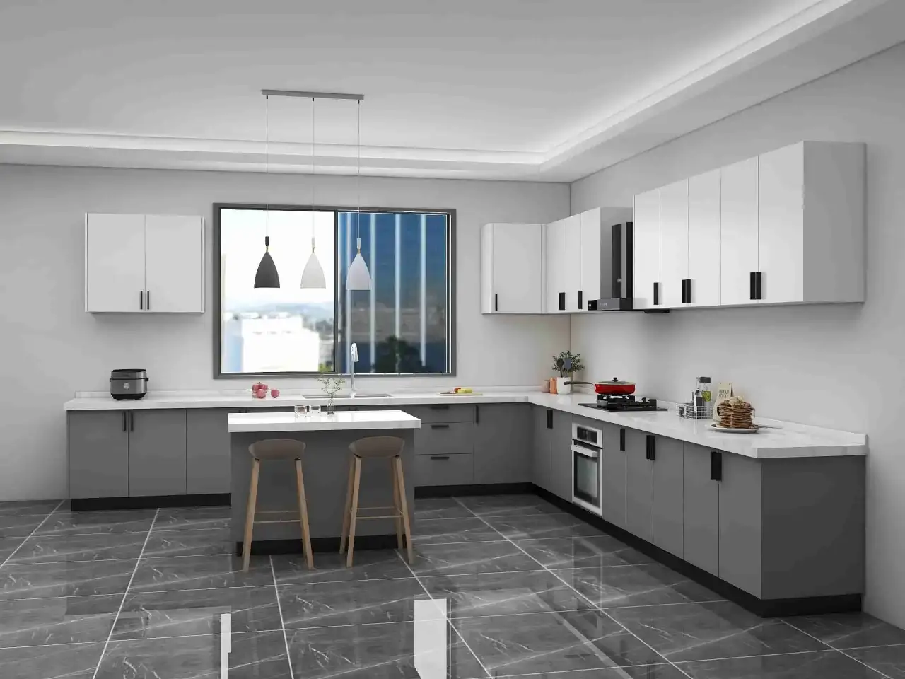 Moderna cucina bicolore con isola centrale, pensili bianchi e basi grigie. Pavimento effetto marmo.