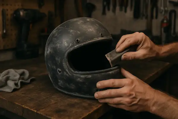 Mani che carteggiano un casco da moto vintage, preparandolo per verniciare.