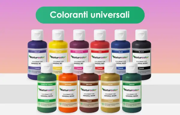 Dieci flaconi di coloranti universali per colorare il marmo e resine, in varie tonalità: viola, giallo, magenta, rosso, blu, nero, verde cromo, arancione, marrone e ocra.