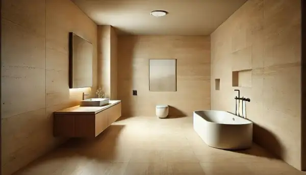 Bagno moderno con pareti e pavimenti in travertino, che cos'è il travertino? Una pietra naturale calda e resistente.