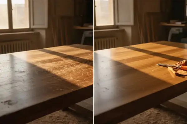 Prima e dopo: come togliere il flatting dal legno. Il tavolo graffiato è ora liscio e lucido, pronto per un nuovo trattamento.