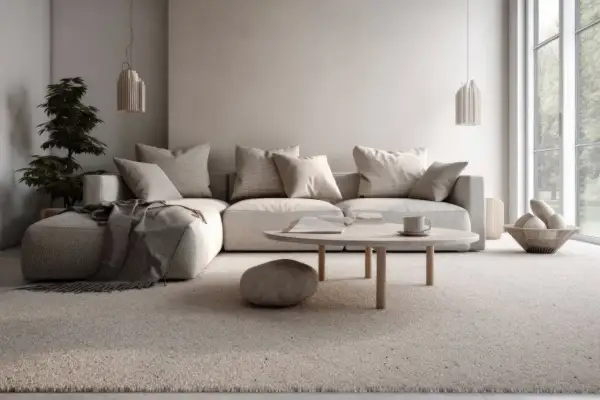 Un soggiorno accogliente con divano angolare, tavolino e tappeto. Il colore taupe è presente in tutto l'arredamento, creando un'atmosfera rilassante.