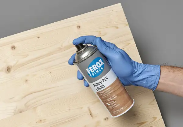 Mano con guanto blu tiene bomboletta spray "Ferox Primer Fondo per Legno", pronta per preparare la superficie.