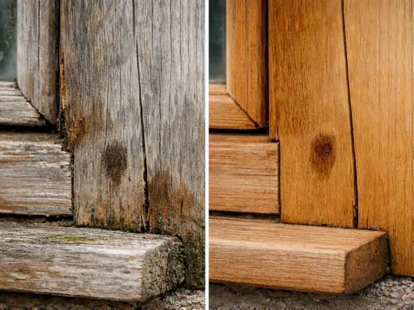Legno effetto invecchiato bianco: prima e dopo il restauro. Il legno usurato dal tempo viene riportato al suo splendore naturale.