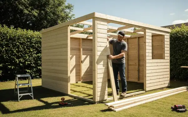 Uomo che costruisce un porta attrezzi da giardino fai da te in legno. Strumenti e assi di legno sul prato.