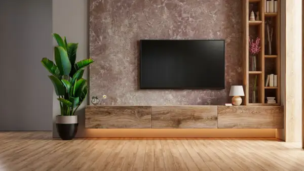 Soggiorno moderno con TV a parete, mobile in legno e una grande pianta. La parete di fondo ha una texture che ricorda una pittura sabbiata, un dettaglio che influisce sul pittura sabbiata prezzo.