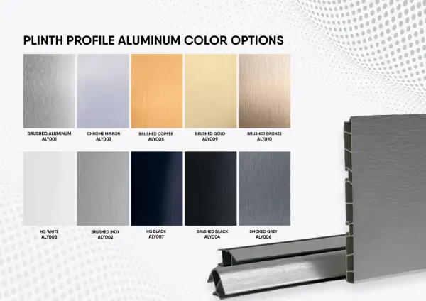 Opzioni di colore per profili battiscopa in alluminio: spazzolato, cromato, rame, oro, bronzo, bianco, inox, nero e grigio fumé.