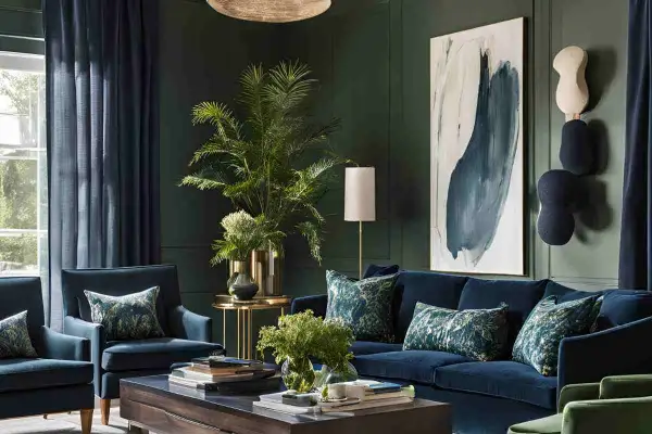 Elegante soggiorno con divano blu e poltrone, accentuato da cuscini con un sofisticato abbinamento verde salvia e blu.