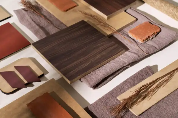 Campione di materiali con diverse texture e colori legno, tessuti e mattoni.