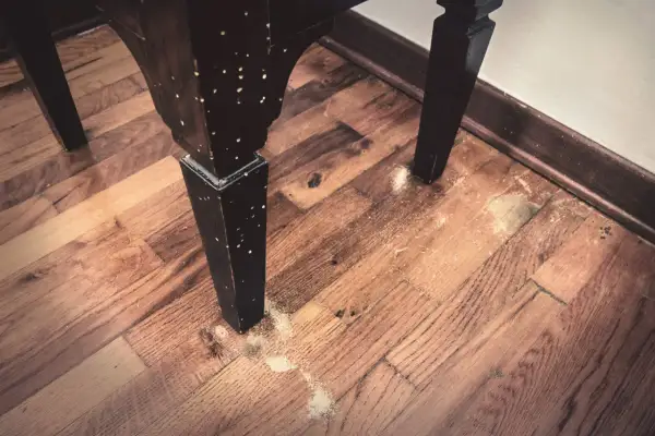 Gambe di un mobile in legno con fori e segatura sul pavimento. Potrebbe essere necessario un trattamento antitarlo fai da te.