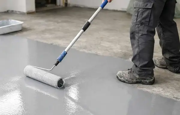 Applicazione di resina epossidica su pavimento grezzo. Le proporzioni resina epossidica sono fondamentali per un risultato perfetto.