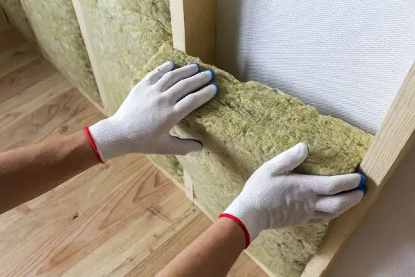 Mani guantate posizionano materiale isolante per un cappotto interno fai da te.