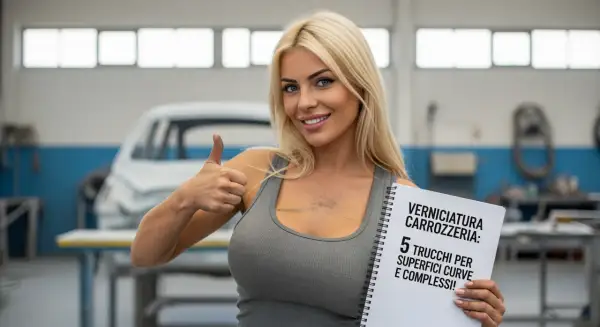 Donna sorridente in officina, con un foglio su "Verniciatura Carrozzeria: 5 trucchi per superfici curve e complessi!". Dietro, un'auto in fase di preparazione, forse per un nuovo colore metallizzato auto.
