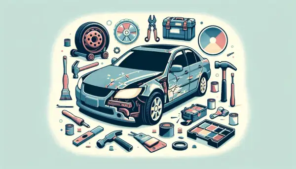 Auto danneggiata circondata da attrezzi e colori, pronta per riparazioni. Si vedono nomi carrozzeria auto e parti di ricambio.