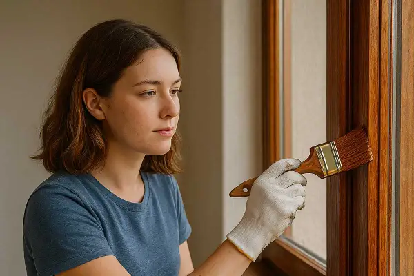 Donna con guanto bianco applica vernice su infissi in legno esterni con un pennello.