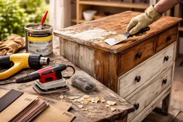 Mano guantata usa una spatola per sverniciare legno da un vecchio comò. Attrezzi da lavoro e solvente sono pronti per il restauro.